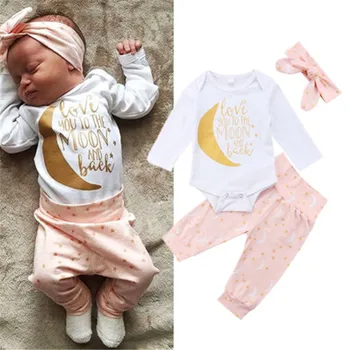 

Newborn Toddler Baby Boy Girl clothes moon star print Pants Bow Headband Geometry round neck long sleeve Bodysuit 3pc kid Outfit