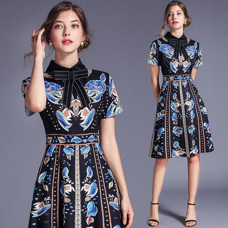 Online Vestido de pasarela de diseñador de moda de calidad 2019 Verano de manga corta Vintage Floral estampado Casual elegante vestido negro