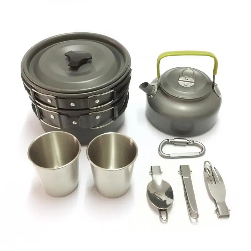 9 piezas acampar al aire libre senderismo Picnic tetera olla de té sartén de aluminio mosquetón de utensilios de cocina olla desastre al aire libre vajilla 7 * 81mm
