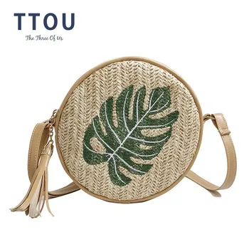 

TTOU Women Summer Rattan Bag Round Straw Bags with Tassel Handmade Woven Beach Cross Body Bag Circle Green Leaf Bohemia Handbag