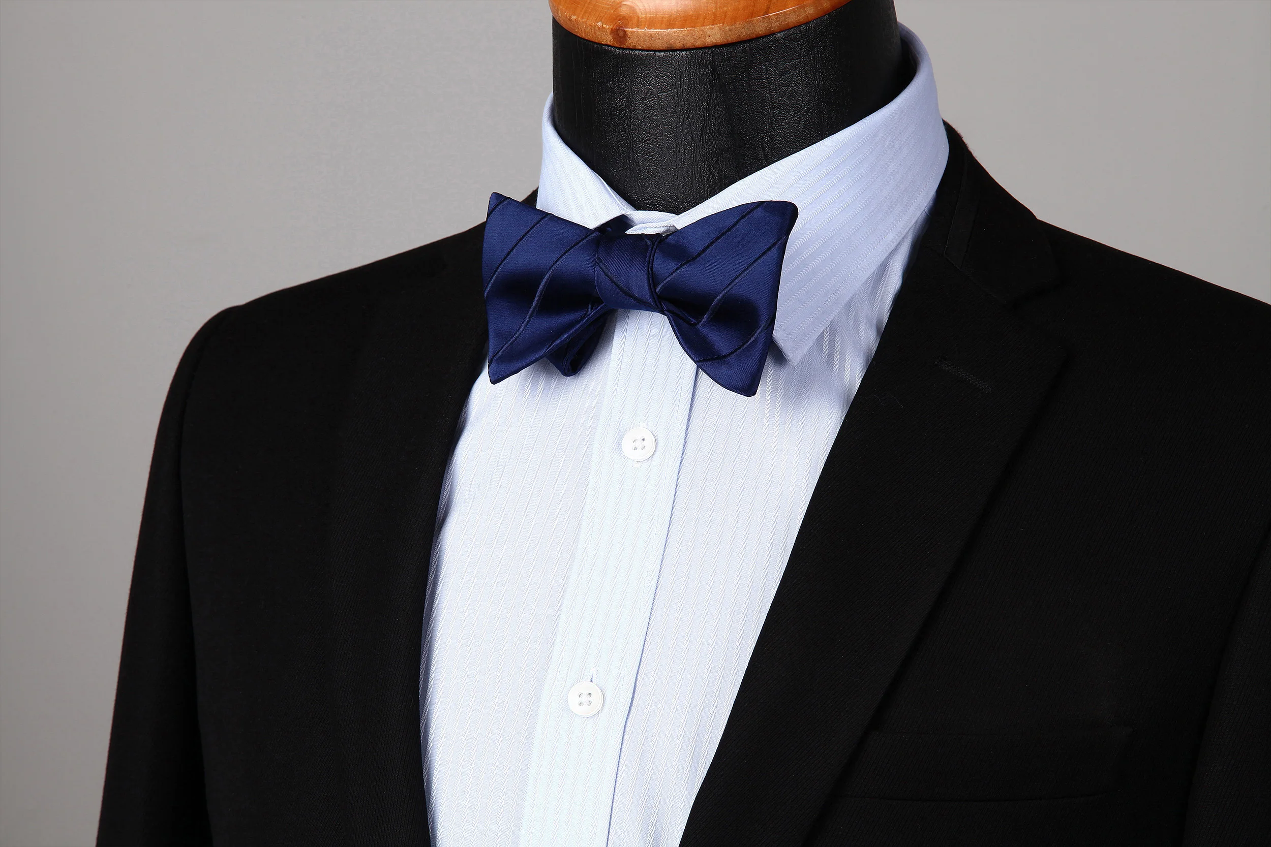  Navy Blue Striped Men Self Bow Tie Classic Woven Silk Pocket Square Set BS804VS Party Wedding Bow T