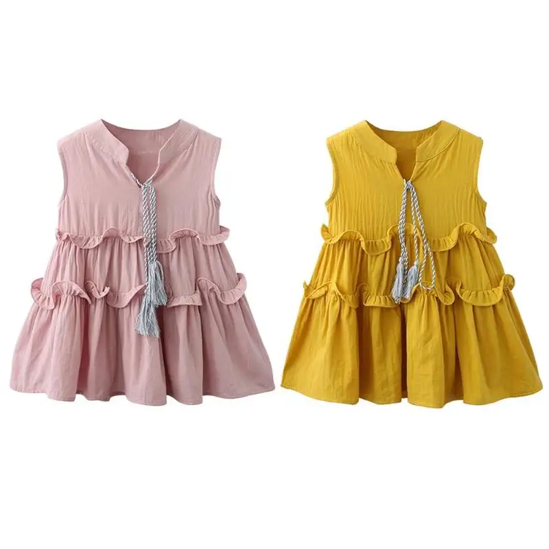 Girls Dress Princess Sleeveless Clothing Lace-up Ruffles Pleated Dresses