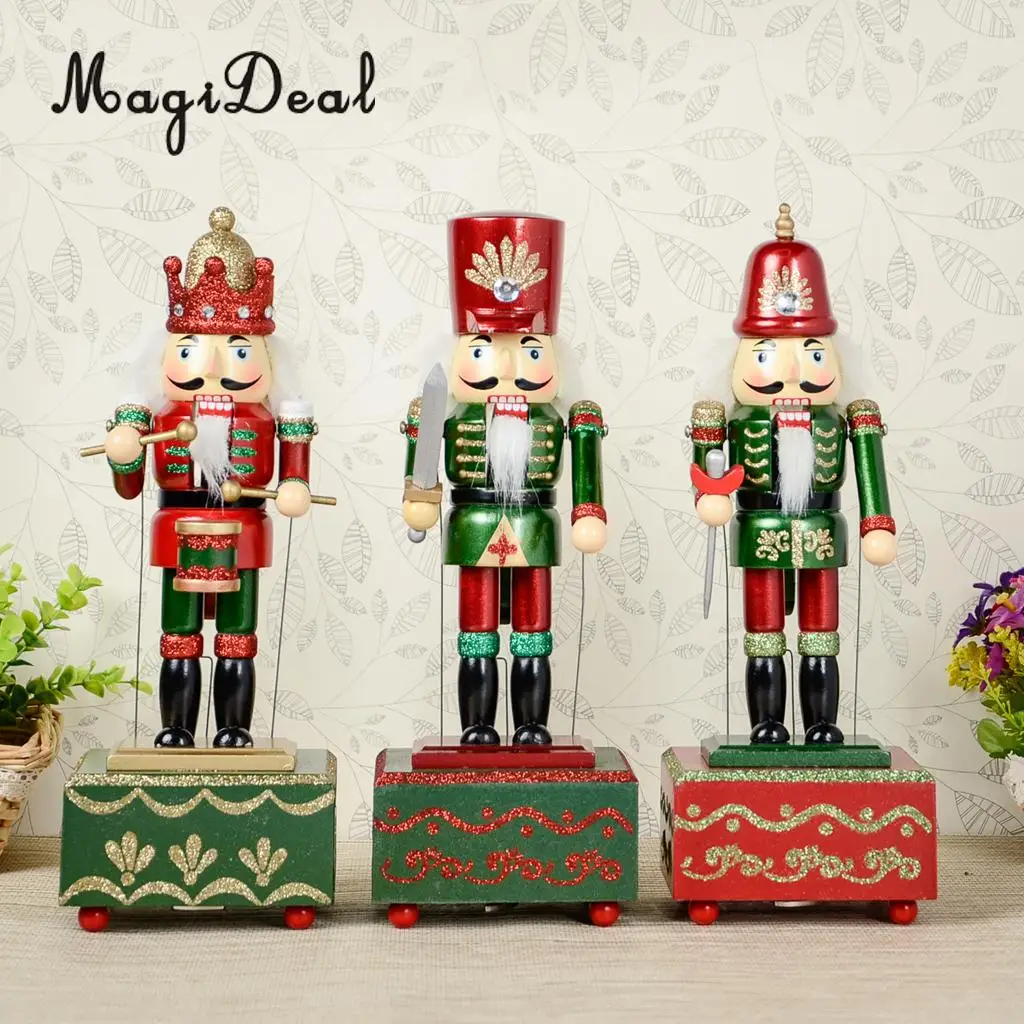 32CM Wooden Nutcracker Music Box Wind Up Clockwork Model Toy Christmas