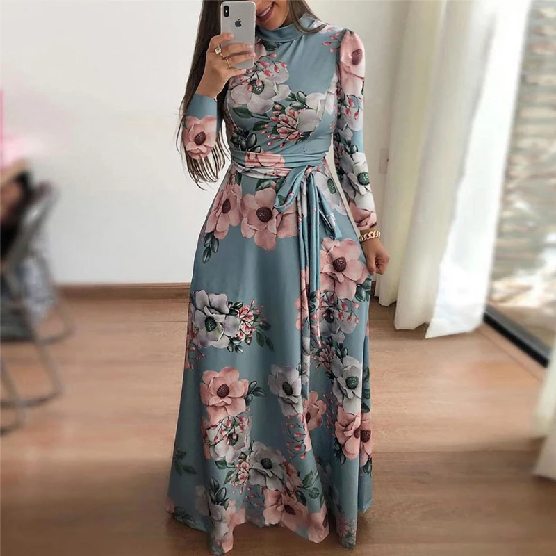 

New Autumn Derss Women Floral Print Floor-Length Dress Boho Turtleneck Long Sleeve Maxi Dress Elegant Long Dresses Belt Vestidos