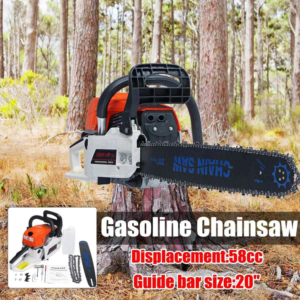 

Professional Chainsaw 20 inch 2400W Bar Gas Gasoline Powered Chainsaw 58CC Engine Cycle Chain Saw