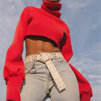 

Women High Neck Knitted Pullover Sweater Apricot/Red Jumper Loose Short Sweater Elegant Woman Long Sleeve Winter Warm Knitwear