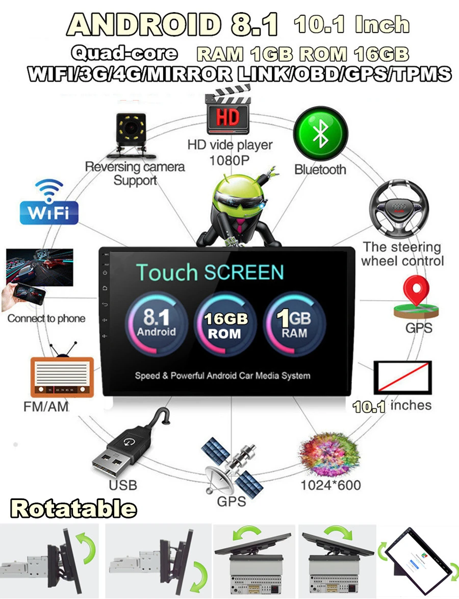 Sale Universal New Android 8.1 Multi-function navigation 4- Core RAM 1GB ROM+16GB Rotatable 1DIN 10.1" Touch Screen Car Stereo Radio 5 Sale Universal New Android 8.1 Multi-function navigation 4- Core RAM 1GB ROM+16GB Rotatable 1DIN 10.1" Touch Screen Car Stereo Radio 5
