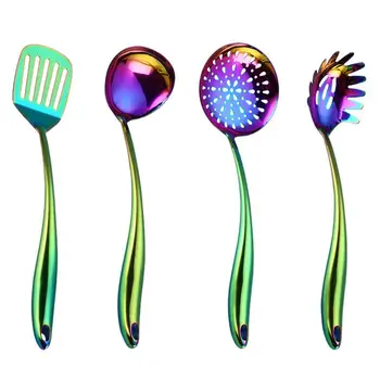 

Colorful Spatula Turner Spaghetti Server Slotted Soup Ladle Skimmer Spoon Set Stainless Steel Rainbow PVD Coated Utensil Tool