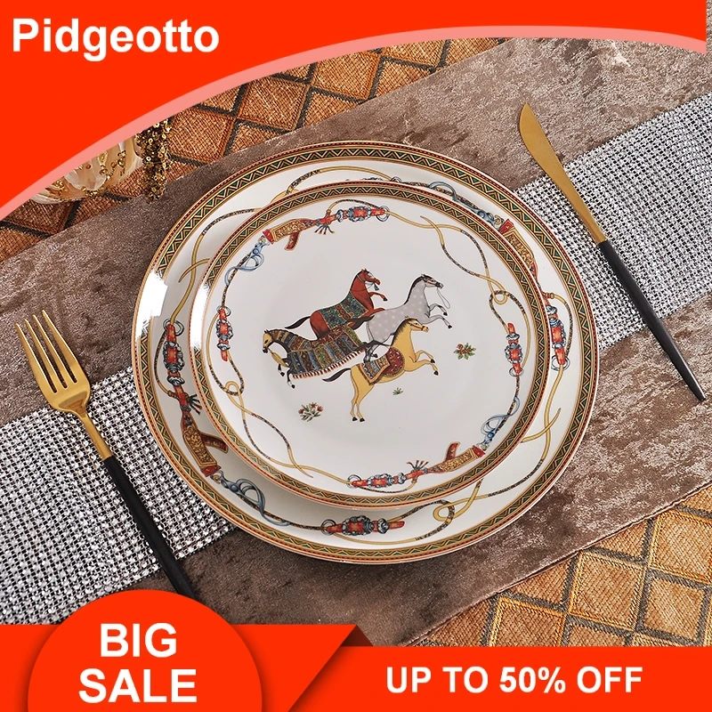 

Luxury War Horse Bone China Dinnerware Set Royal Feast Jingdezhen Porcelain Western Plate Dish Home Decoration Wedding Gifts