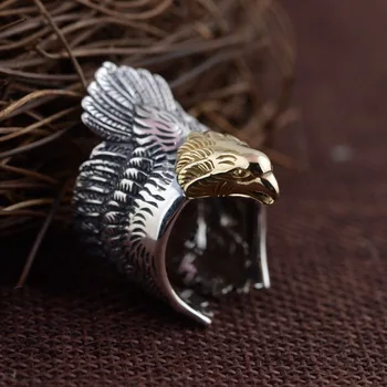 

925 Solid Sterling Silver Fashion Jewelry Golden Eagle Ring for Punk Rocker Biker Men A3464