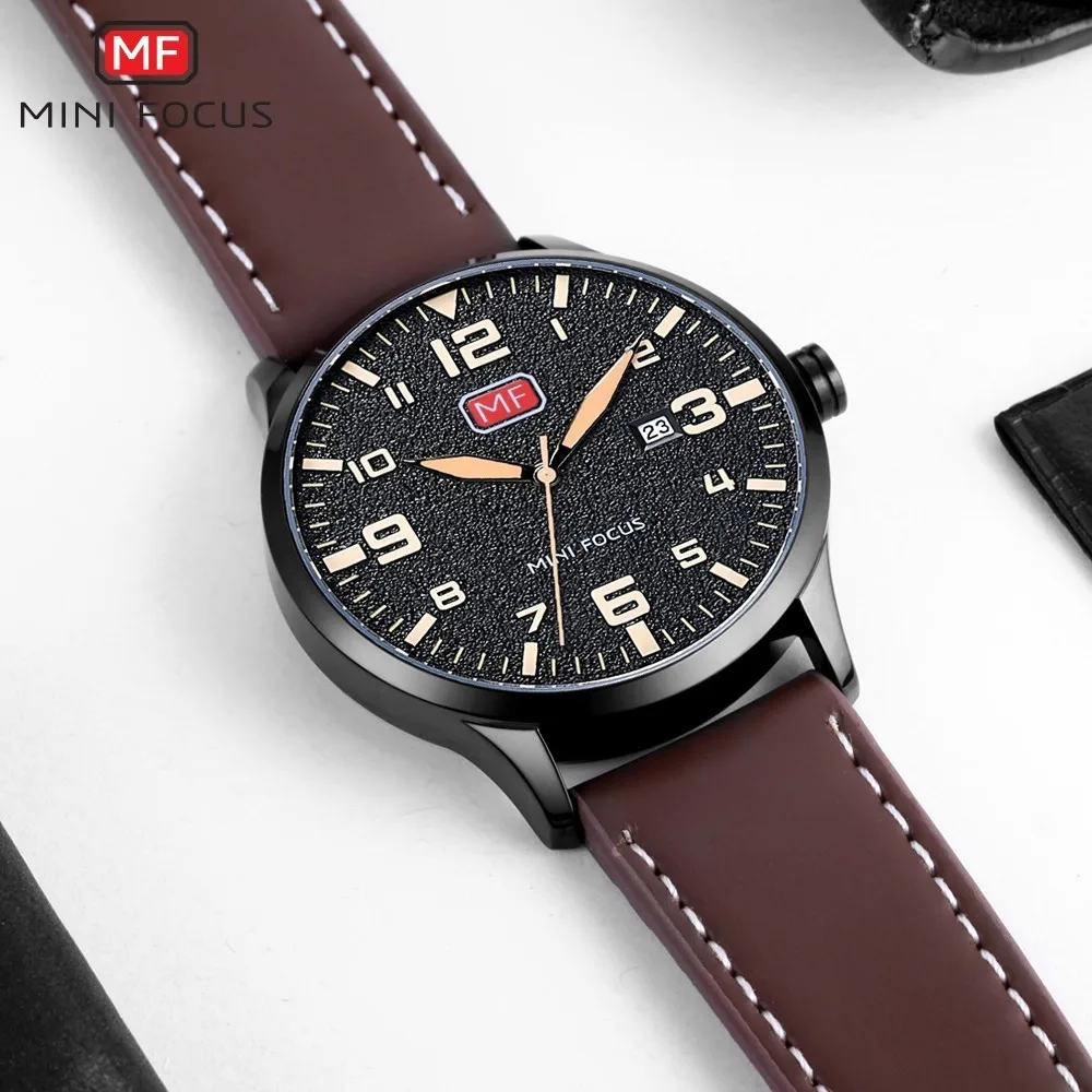 MINI FOCUS Fashion Genuine Leather Watch For Men Luxury Casual Men's Wristwatch Clock Quartz Arabic Number Calendar Analog Watch
