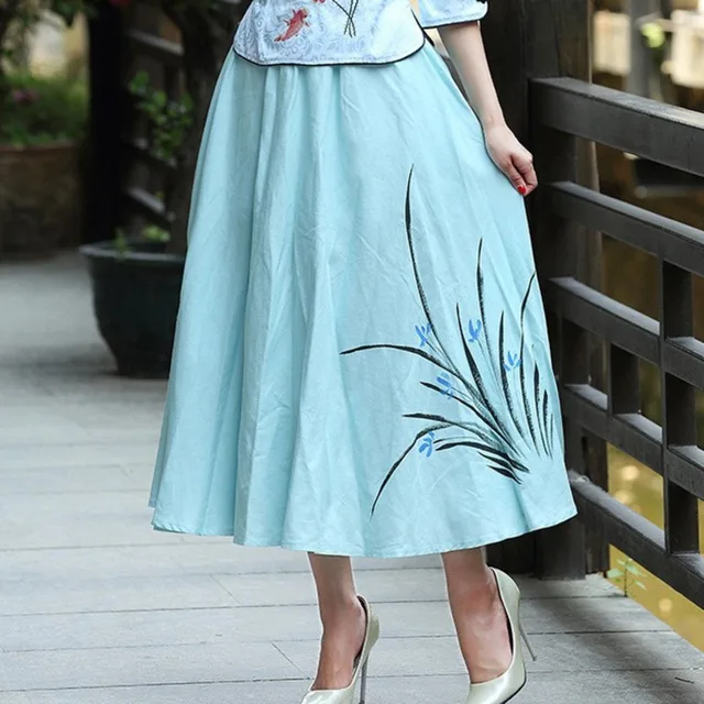 Chinese Wind Pink Skirt Women Pleated Long Skirt Vintage Half-body Printing Longuette Antique Literature Befree