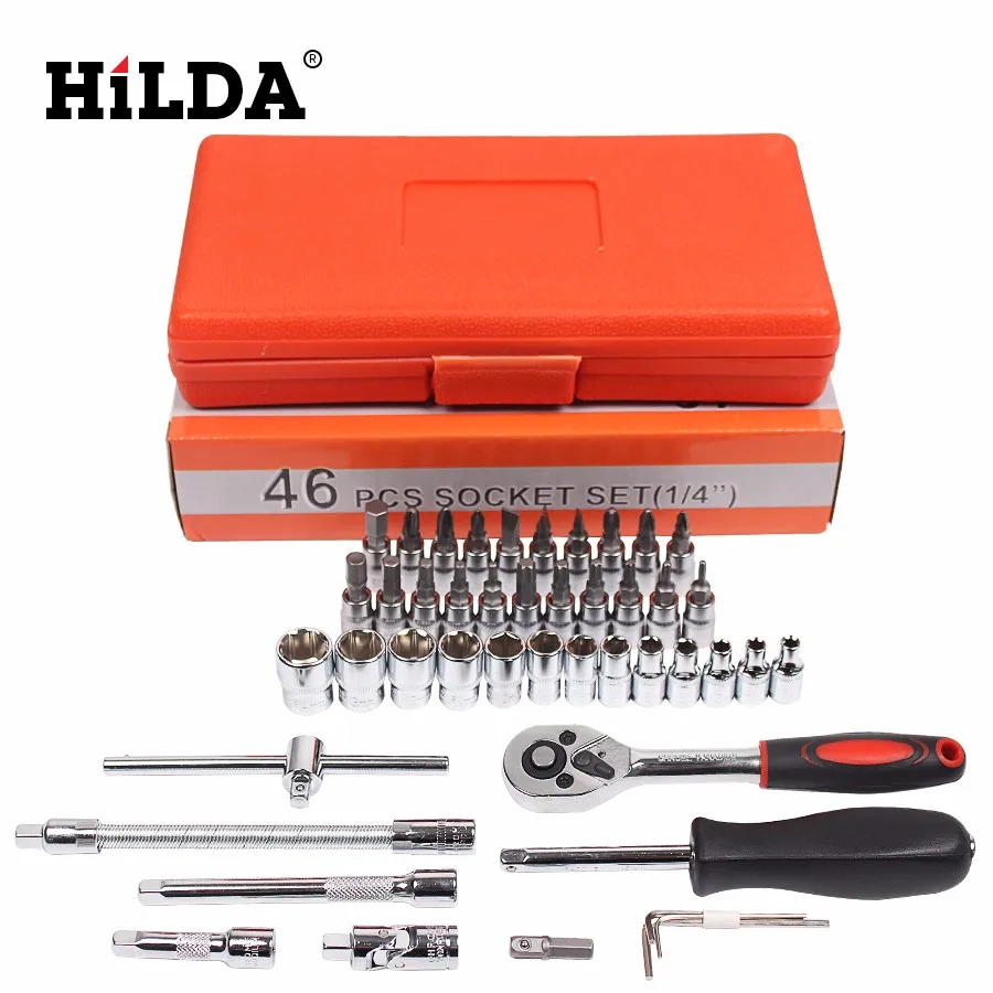 Vente HILDA 46 pièces outils de réparation de voiture ensembles combinaison outil clé ensemble lot tête cliquet cliquet douille clé tournevis jeu de douilles