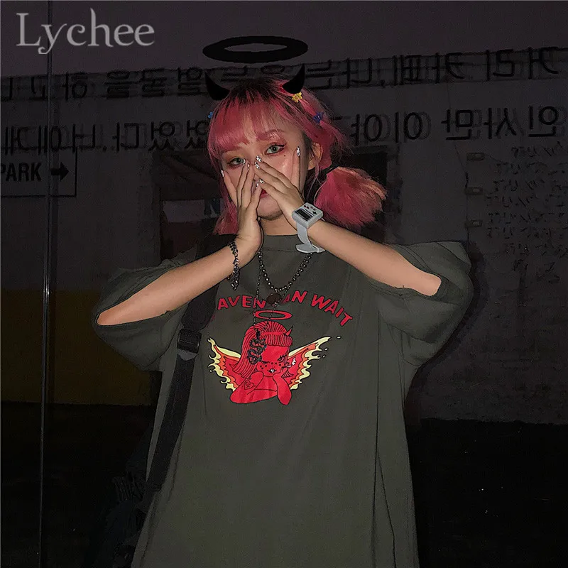 Lychee уличная женская футболка с принтом демона и буквами футболки круглым вырезом