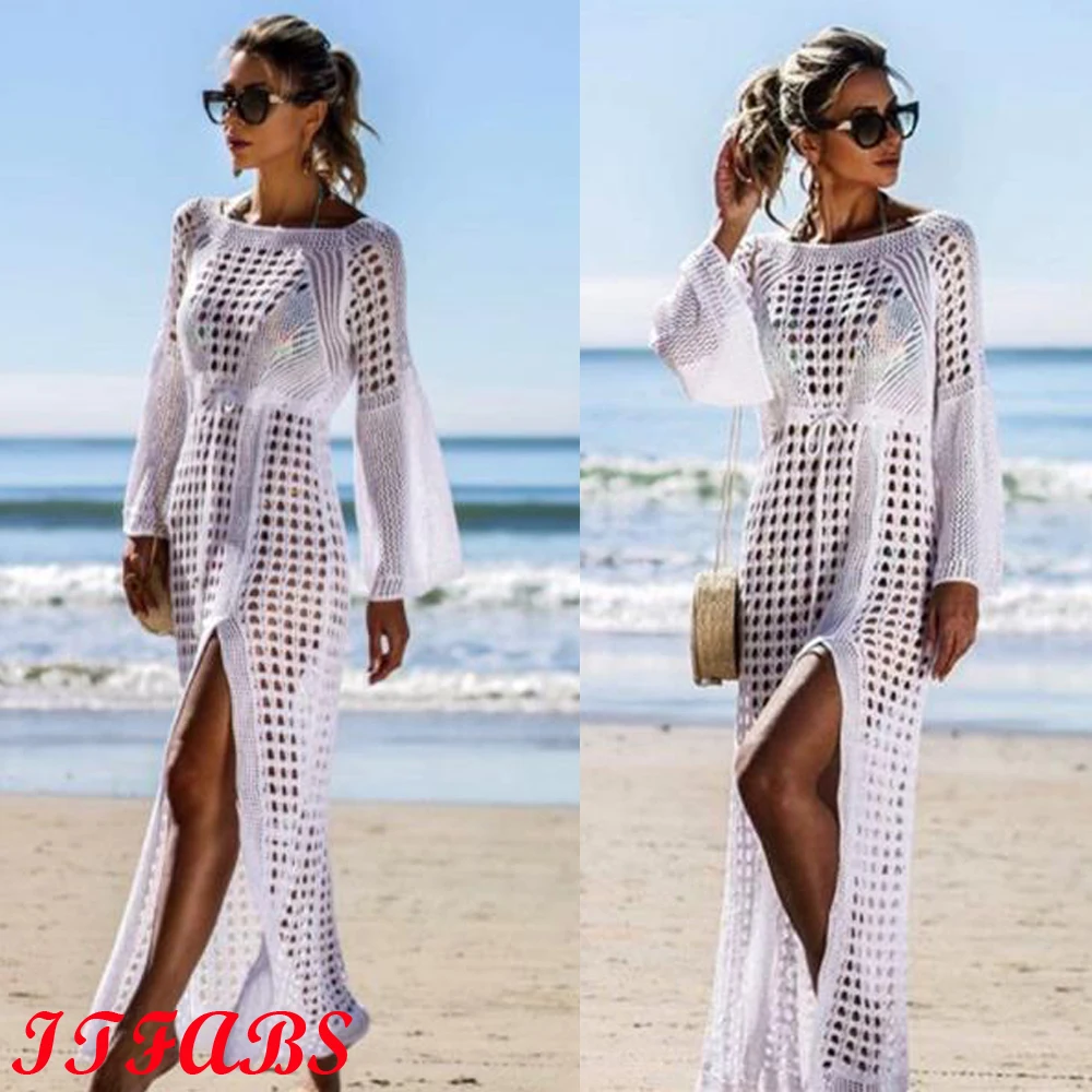

Women's Knitted bell sleeve Solid O-neck Hollow Out Beach Long Maxi Dress Side Split Dresses