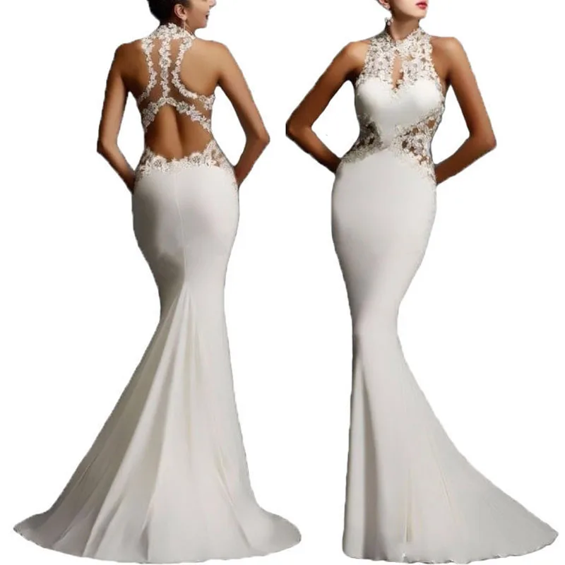 

​ Women Ladies Sexy Elegant Sleeveless Backless Lace Fishtail Long Maxi Dress