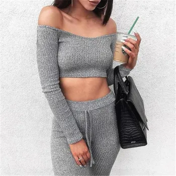 

Gray Two Piece Set Women Tracksuit Off Shoulder T Shirt Crop Top Pencil Pants Leggings Set Bodycon Slim Suit