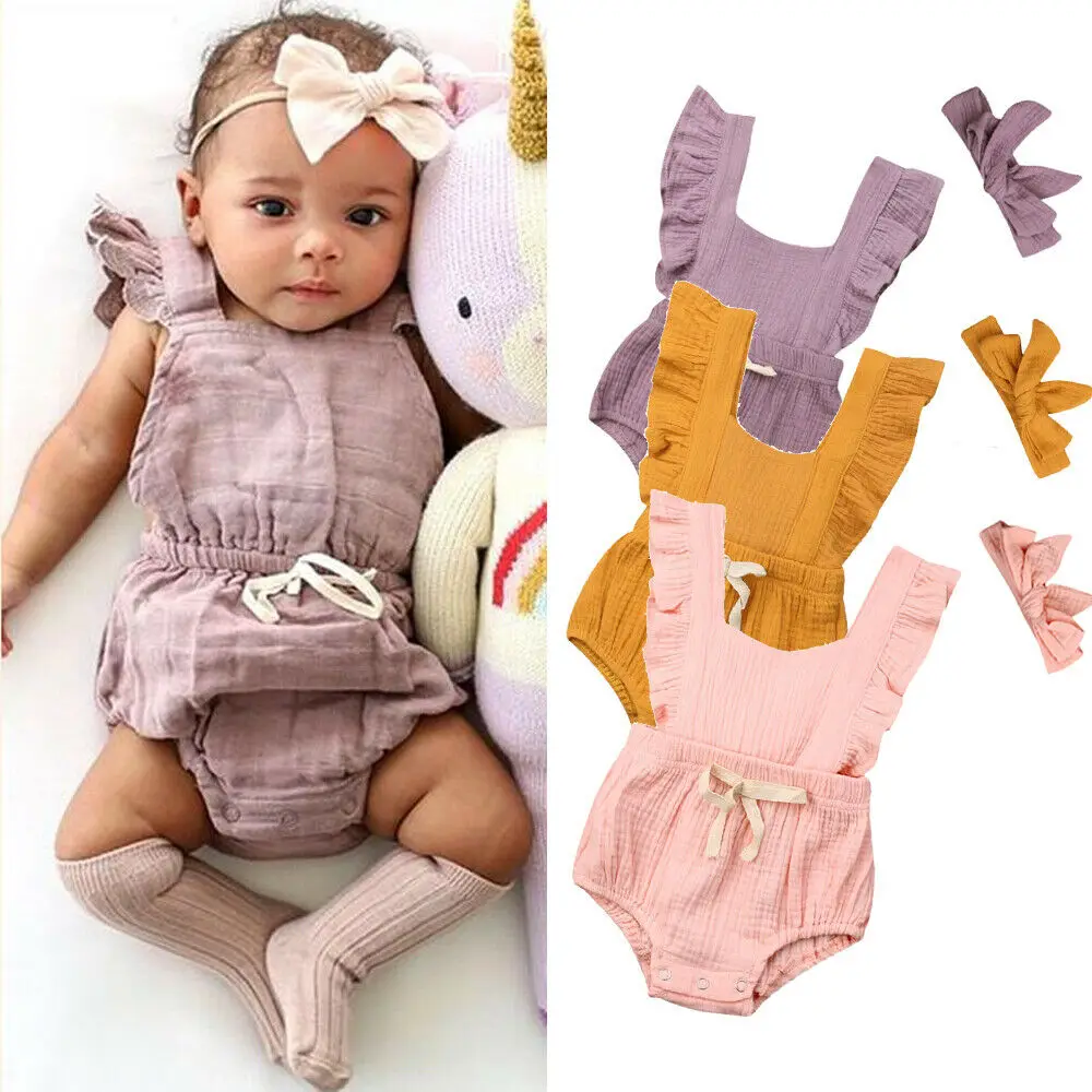 

Newborn Baby Girls Solid Color Headband Ruffle Romper 2PCS Outfit Set