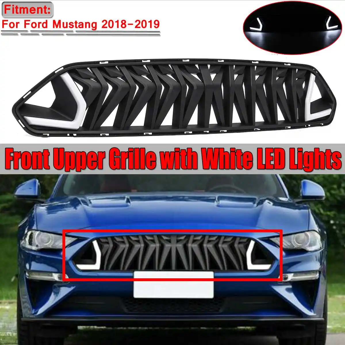 

For Armor Style Car Front Upper Bumper Grille Grill With White/Red LED Lights For Ford For Mustang 2018 2019 Grill For Mustang