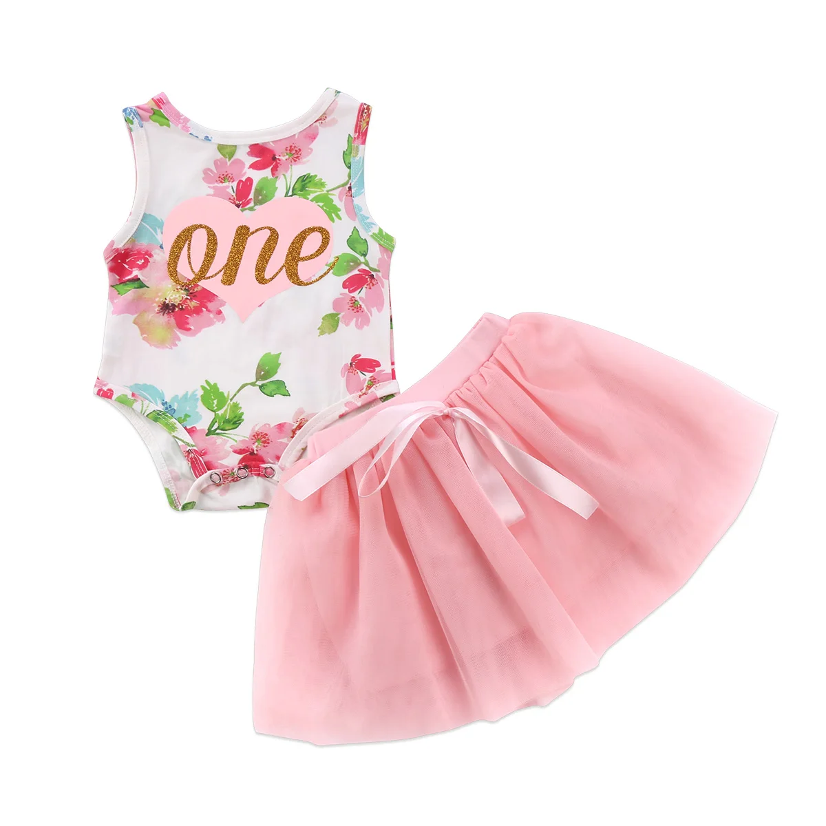 

New Arrivels Birthday Newborn Kids Baby Girls Princess Sleeveless Floral Print Romper Tulle Tutu Dress Outfits Set 0-24M