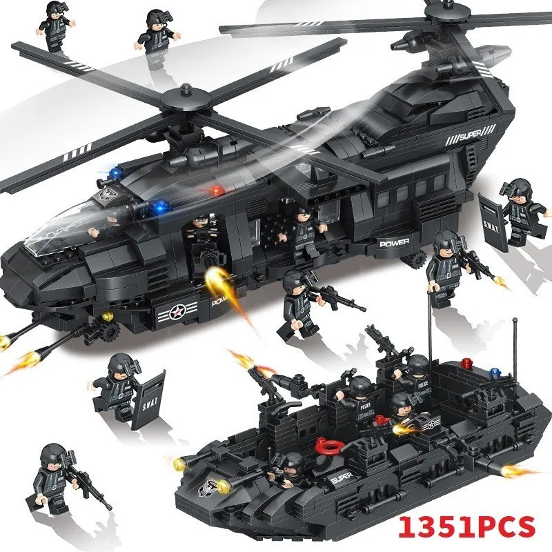 Preise 1351 stücke Military Swat Team Spezielle Polizei Kraft Transport Hubschrauber Bausteine Kompatibel Legoings Stadt Armee Ziegel WJ065
