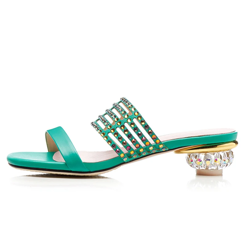 

Open-toe Women Plus Size Mules 3.6 CM Crystal Chunky Heels Real Leather Summer Slippers Woman Shoes Box packing T10-51