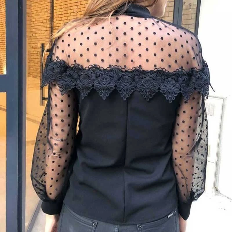 Модная женская блузка Черная Женская Топ с рюшами, прозрачные женские топы и женские блузки, рубашки с длинными рукавами, блузка Roupa Feminina