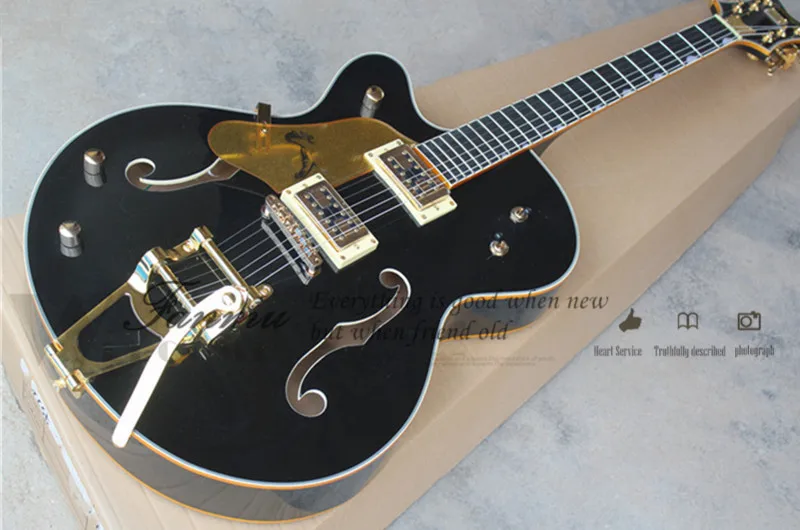 

Custom black semi-hollow left hand electric guitar with thick body and double 3-way switch,and can be made as your request