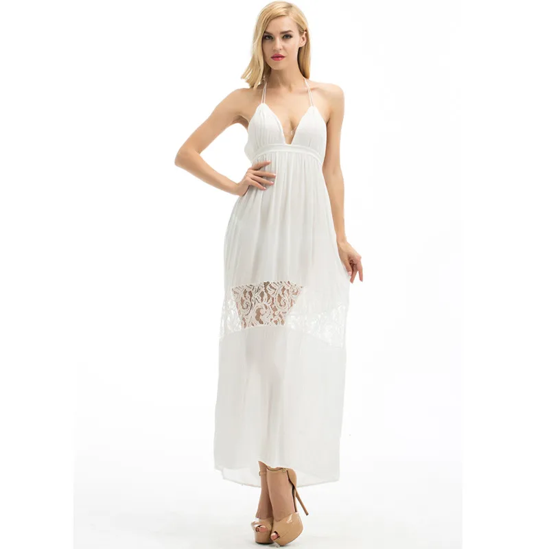 

Women Lace Dress Sexy Backless V-Neck Beach Dress Lady Fashion Sleeveless Strap White Casual Mini Sundress Swim Cover Up Dress