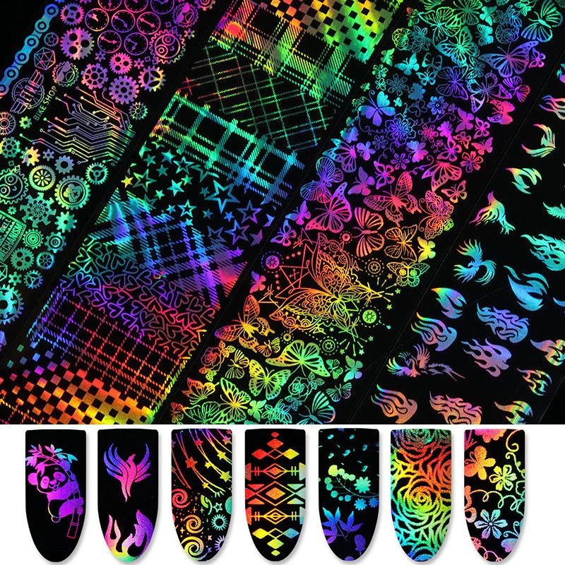 

Sale 10pcs Transfer Transparent Butterfly Manicure Holographic Geometric Fire Dandelion Foil Nail Art Decors Stickers