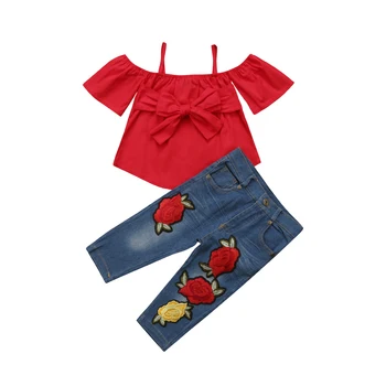 

1-6Y young children's clothing girls' clothes set shoulder strap T-shirt top + embroidered jeans jeans 2 pieces fashion clothes