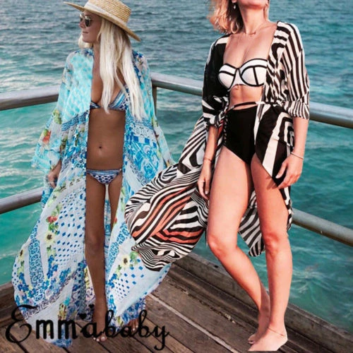 Meihuida Women Chiffon Cover-Ups Zebra Striped Ladies Beach Shawl Casual Bathing Suit Cardigan Long Sleeve Girl Floral Cover Up 3 piece swimsuit with cover up