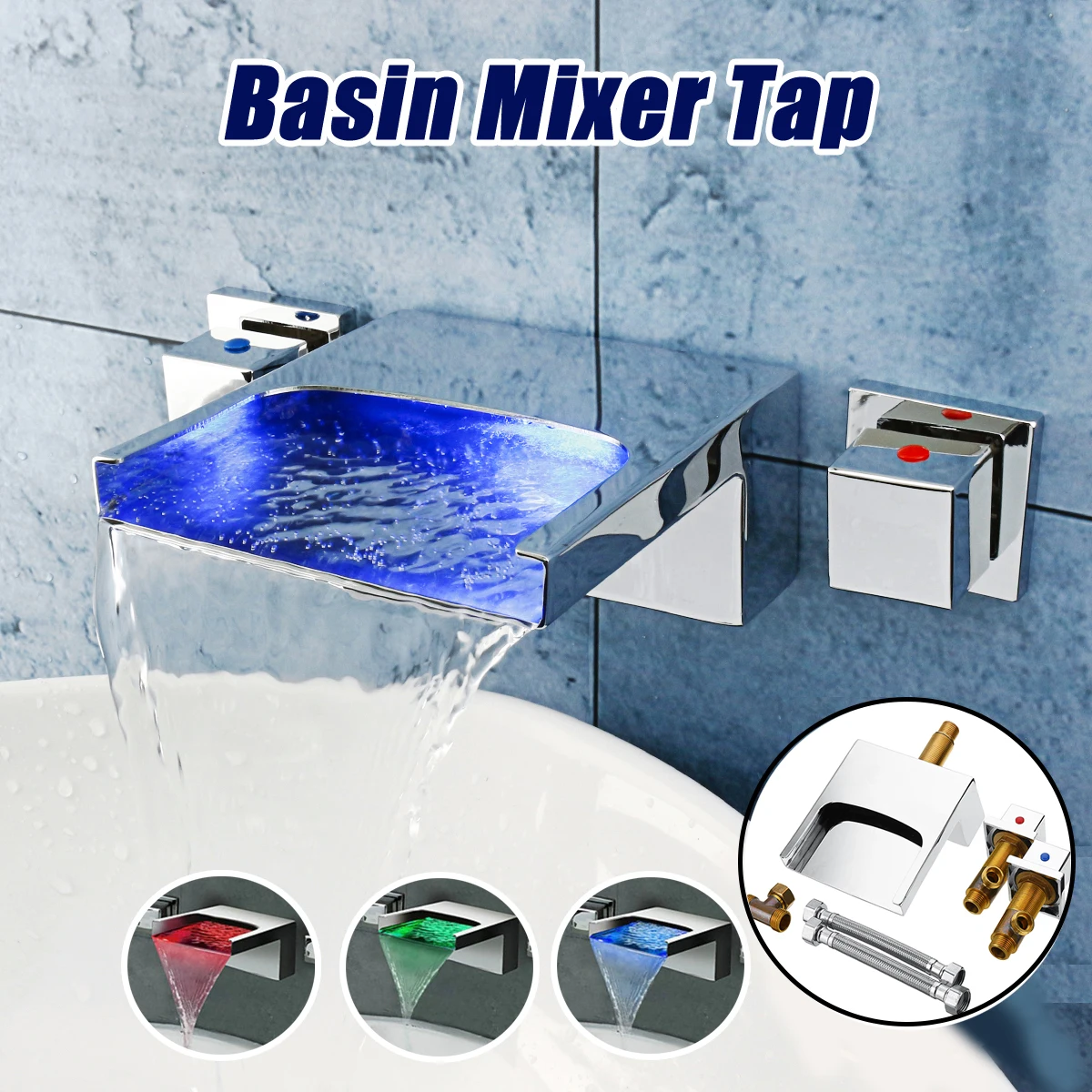 

Xueqin LED 3 Color Changing Waterfall Dual Handles Bathroom Bath Basin Faucet Mixer Hot And Cold Shower Water Tap Wall Mounted