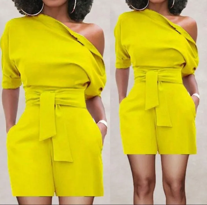 

Summer Womens Off One Sholder Jumpsuit Short Sleeve Solid Playsuit Shorts Sexy Fashion Lace Up Romper