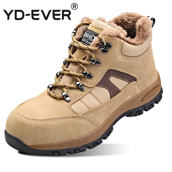 

men plus size casual warm plush steel toe covers working safety cotton-padded shoes cow suede leather winter snow fur boots male