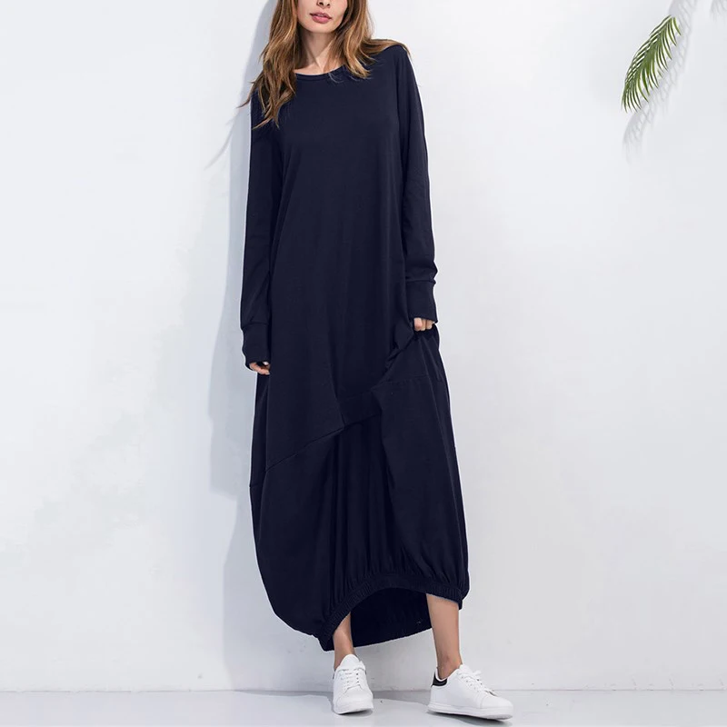 

Autumn Winter Women Dress Cotton Vintage Solid Color Party Dress Casual Loose Long Maxi Dresses Vestidos Plus Size S-5XL