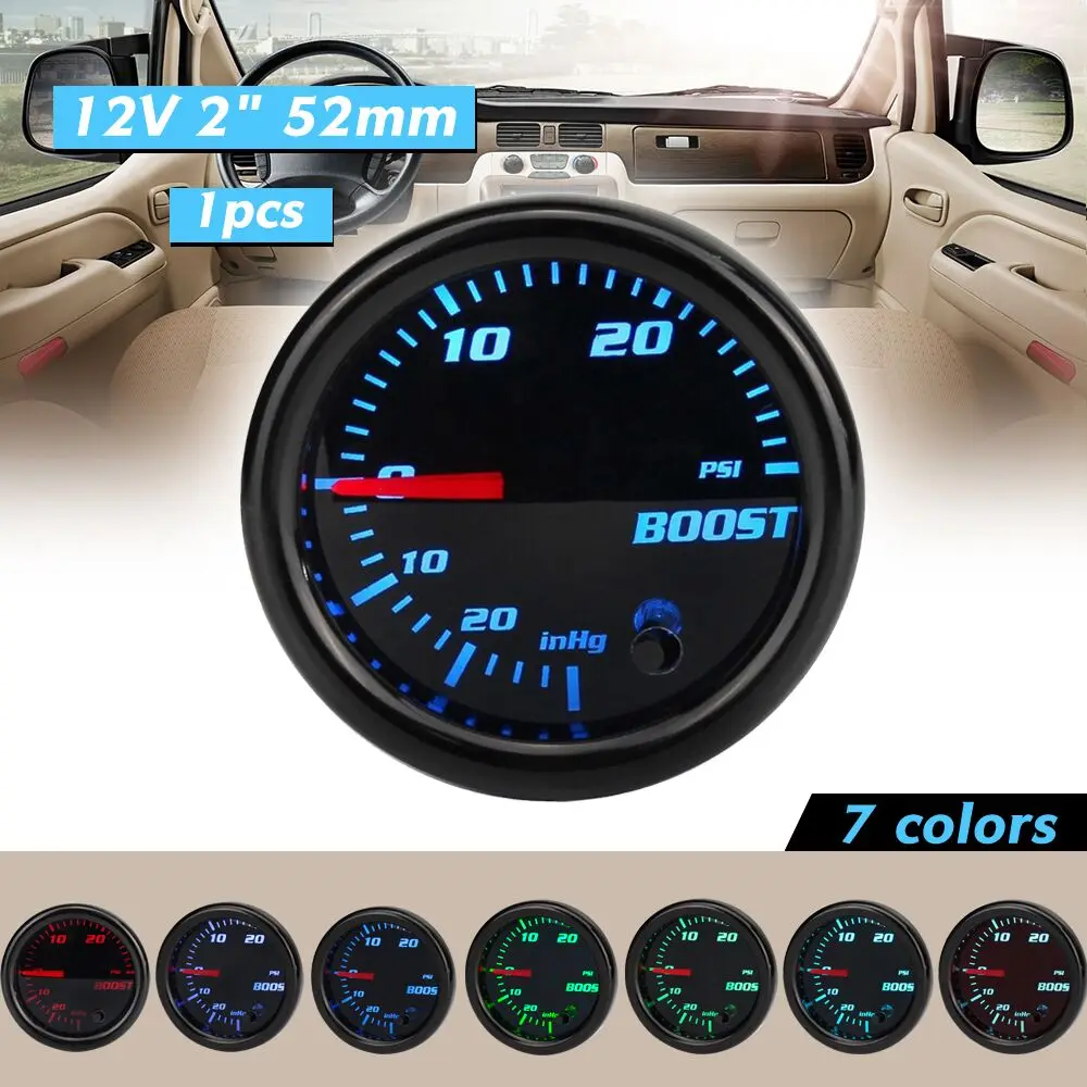 

12V 2" 52mm 7 Color LED Smoke Face Car Auto Bar T-urbo Boost Gauge Meter With Holder Set for Boost Gauges