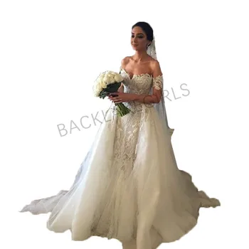 

High Quality Hand Beaded Embroidered Lace Appliqued Bridal Gown Off the Shoulder Detachable Skirt Mermaid Wedding Dress