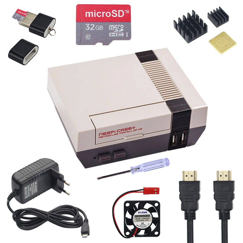  NESPi CASE+ Plus for Raspberry Pi 3 Model B+ Retroflag Case + 32GB SD Card + Power Adapter + Fan + 