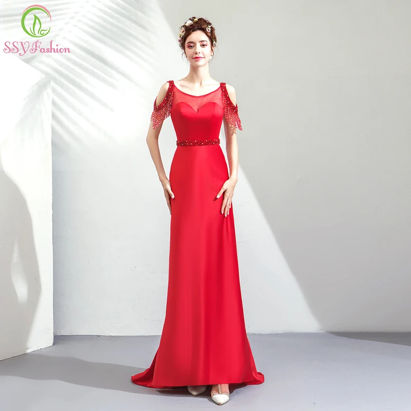 Женское атласное вечернее платье SSYFashion роскошное облегающее Русалка с бисером