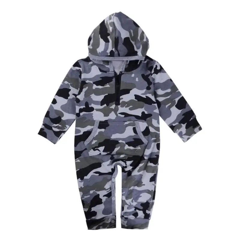 Infant Baby Boys Hooded Rompers Camo Print Long Sleeve Jumpsuit Outfits