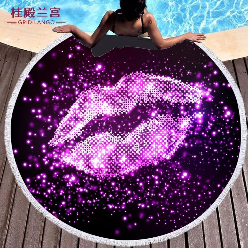 

Bling Bling Glitter Sequins Red Lip Round Beach Towel Microfiber Bath Towel With Tassel Black Pink for Adults Kids Tapestry Gift