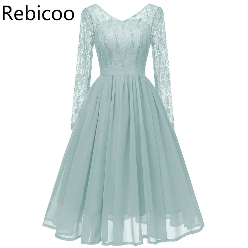 

Rebicoo Vintage Long sleeve Lace Dress Party Evening Autumn Fall Women Chiffon Backless Plain V-Neck Midi Formal Wedding Elegant