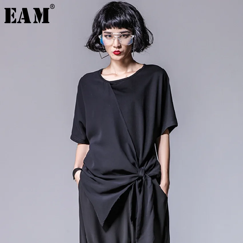

[EAM] 2019 New Spring Summer Round Neck Short Sleeve Black Loose Hem Bandage Irregular Loose T-shirt Women Fashion Tide JR472
