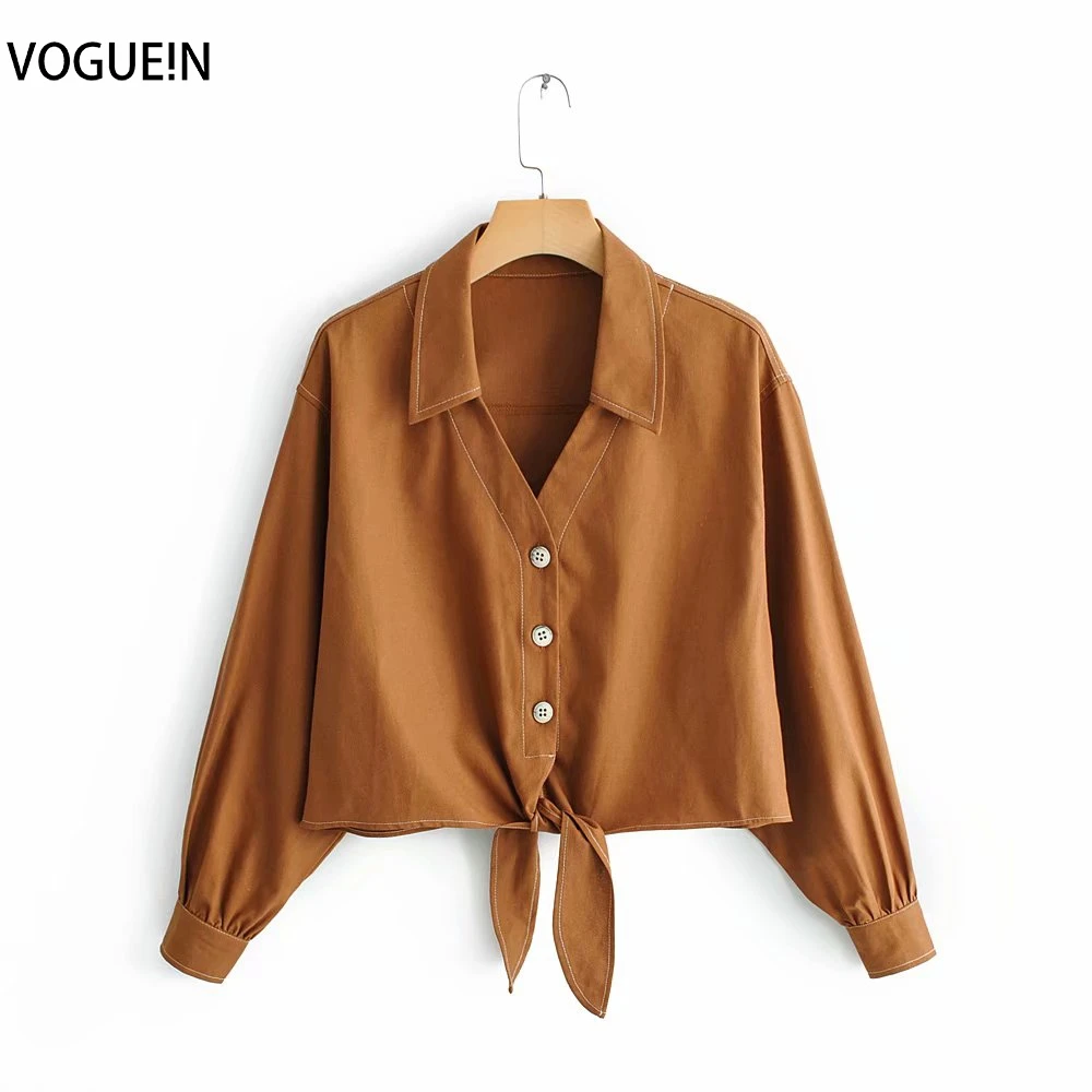 VOGUEIN Новая женская Повседневная однотонная блузка с рукавом 3/4 коричневым бантом