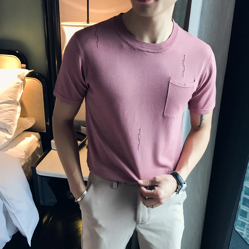 

Summer Front Pocket Knitted Short Sleeve T-Shirt Men Tee Shirt Homme Slim Fit Round Collar Solid Bottom Men T Shirts 6 Colour