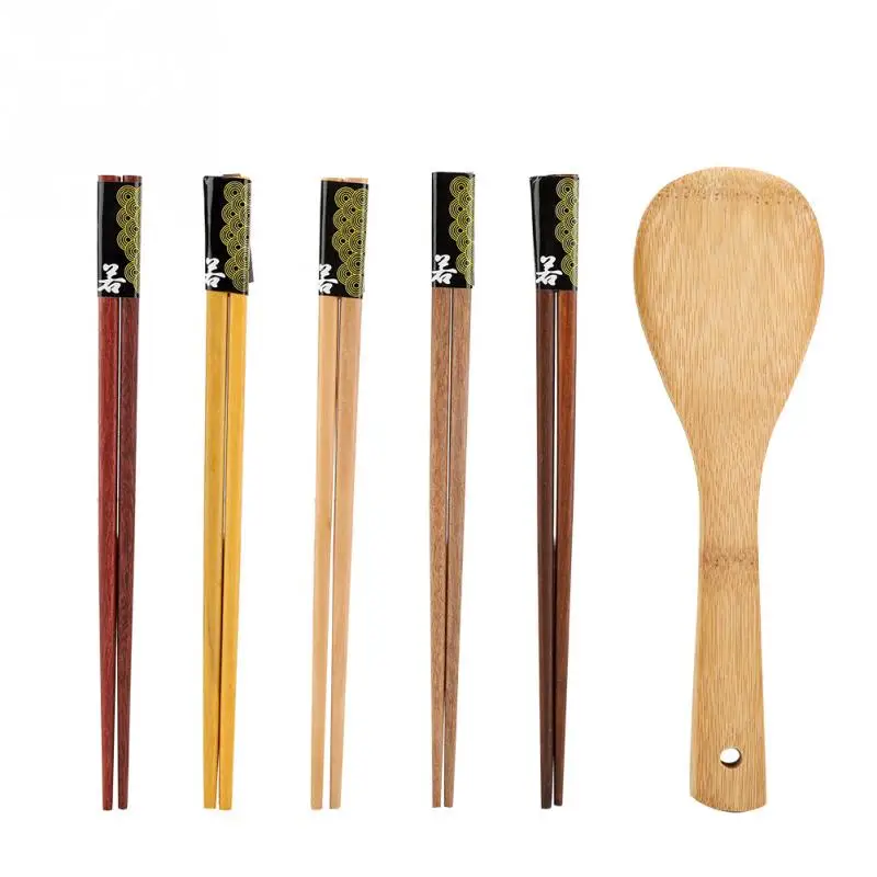 

TOPINCN 5 Pairs of Natural Bamboo Chopsticks Premium Bamboo Material Exquisite Wooden Tableware Gift Set with Rice Scoop