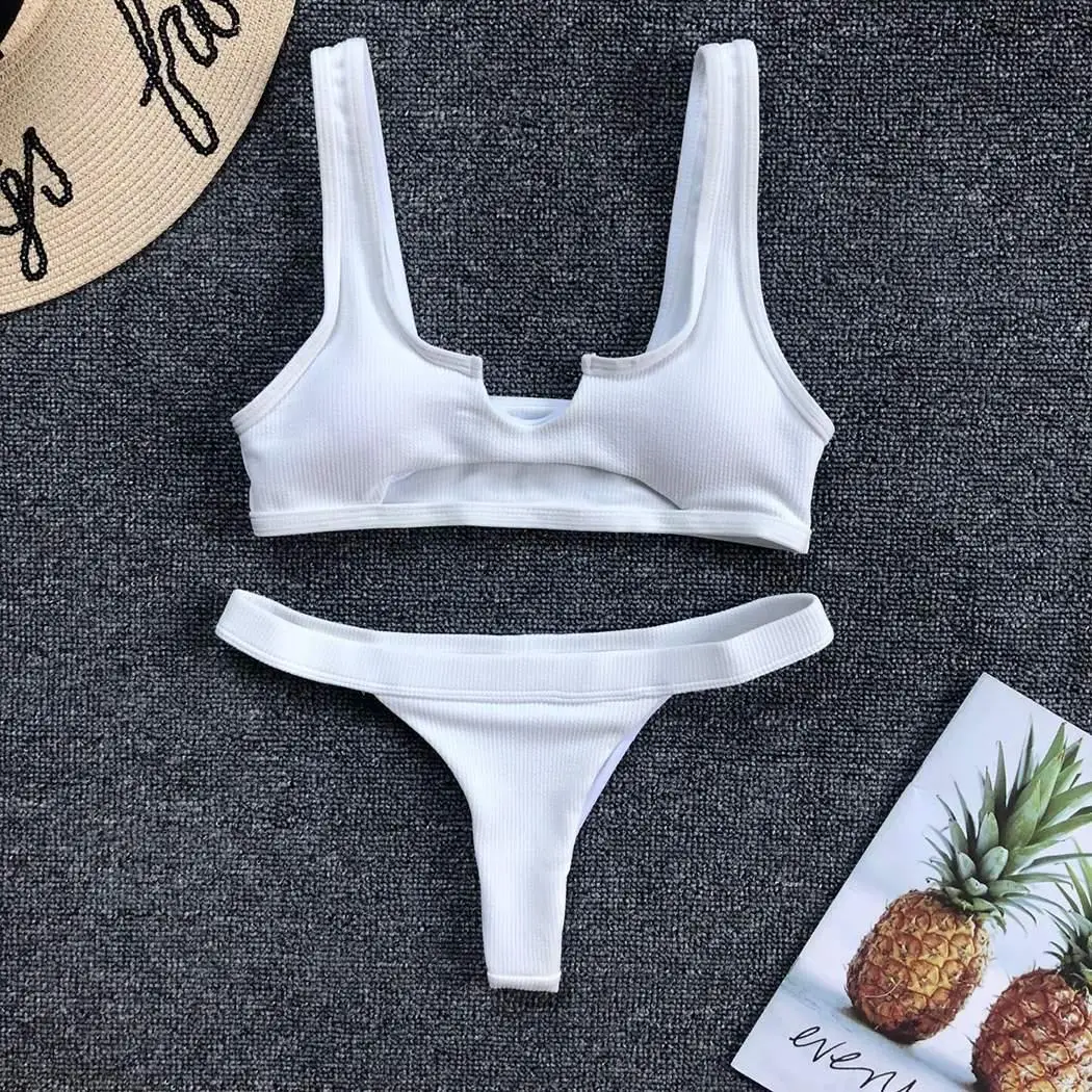

2019 Fashion women V-Neck Sleeveless Solid Two Piece swimwear Sexy Bikini Micro set swimming swimwear summer Bikini