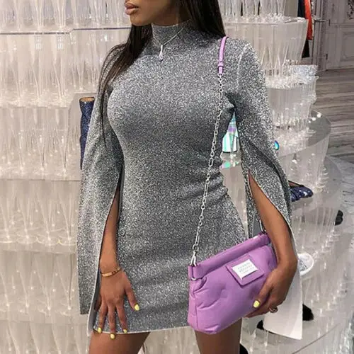 

2019 Women New Fashion High Neck Dresses Evening Party Club Wear Mini Short Dress Long Sleeves