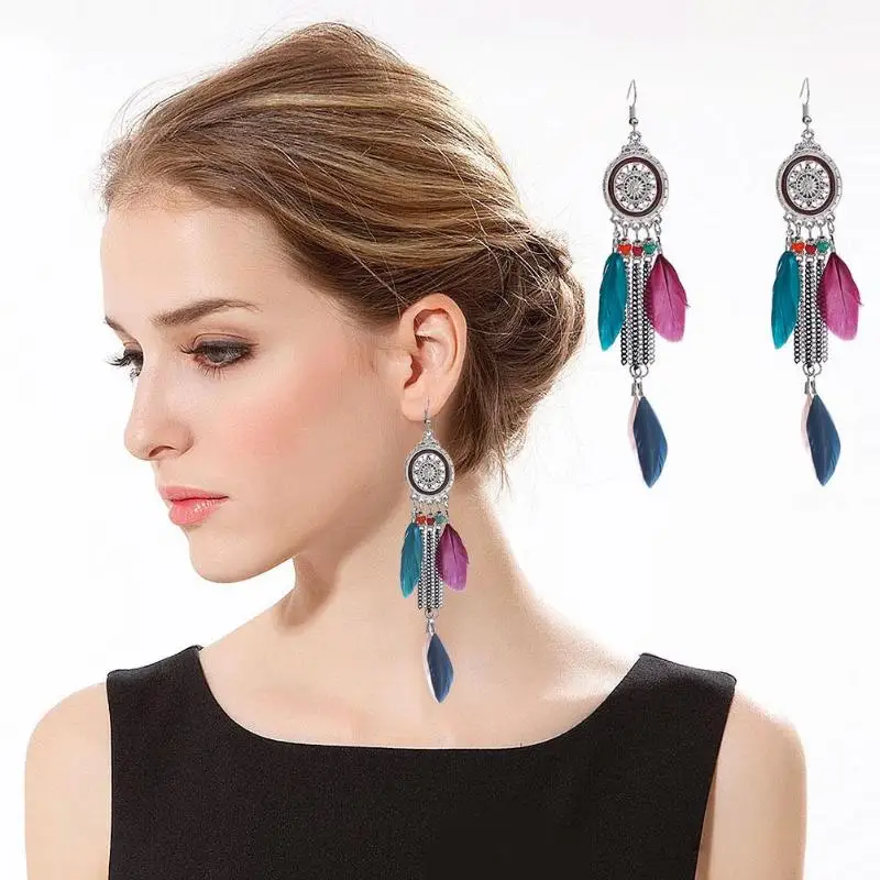 

Bohemia Colorful Women Chain Feather Dangle Hook Female Ladies New Fashion Geometric Drop Earrings Travel Beach Jewelry Gift